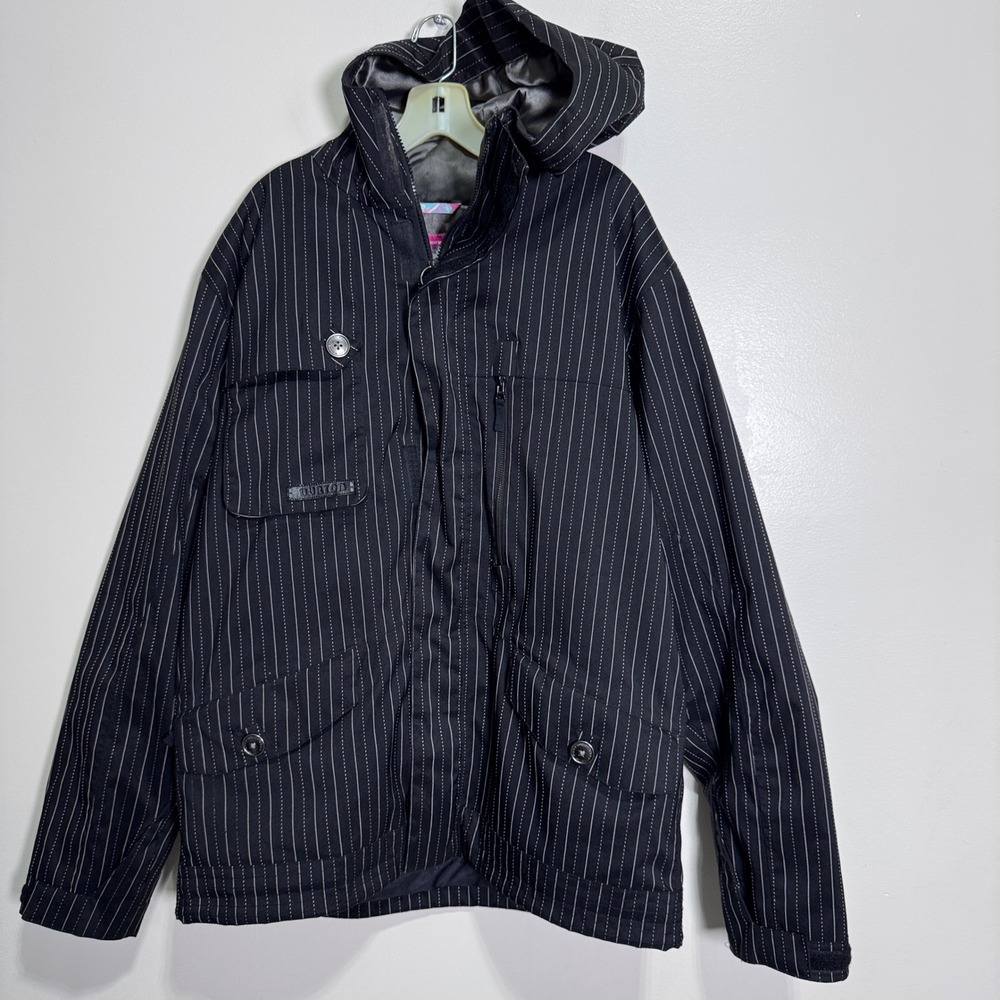 Burton Snowboard Jacket Mens Large Black Pinstripe Dryride Hooded Shell Coat